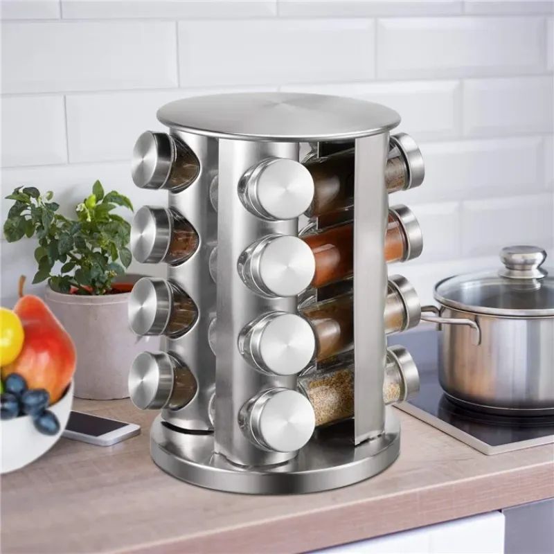 Rotating Tray Spice Rack with 12/16 Round Bottles – Stainless Steel Kitchen Organizer