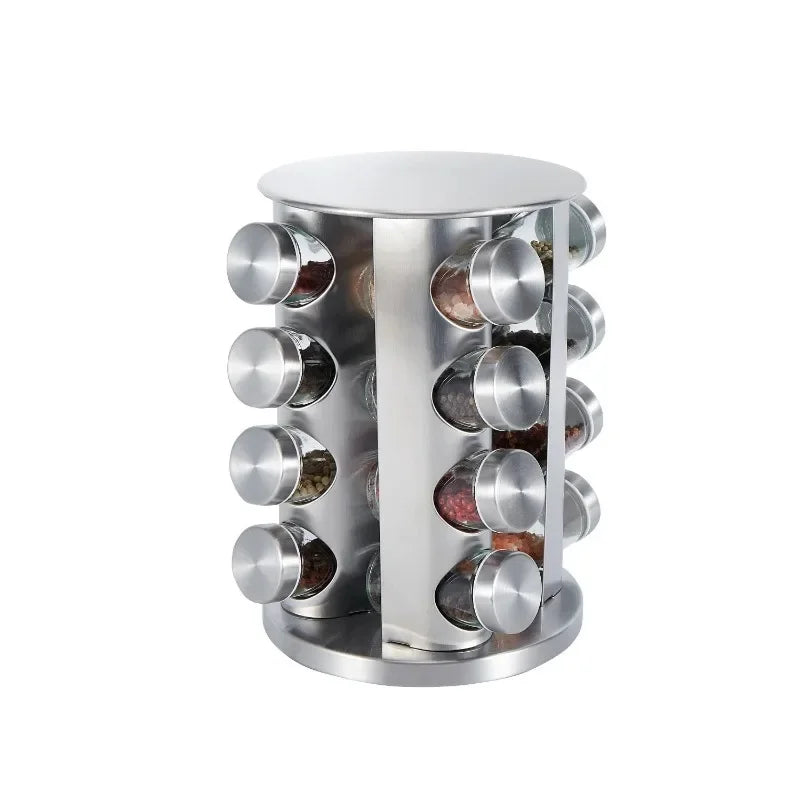 Rotating Tray Spice Rack with 12/16 Round Bottles – Stainless Steel Kitchen Organizer