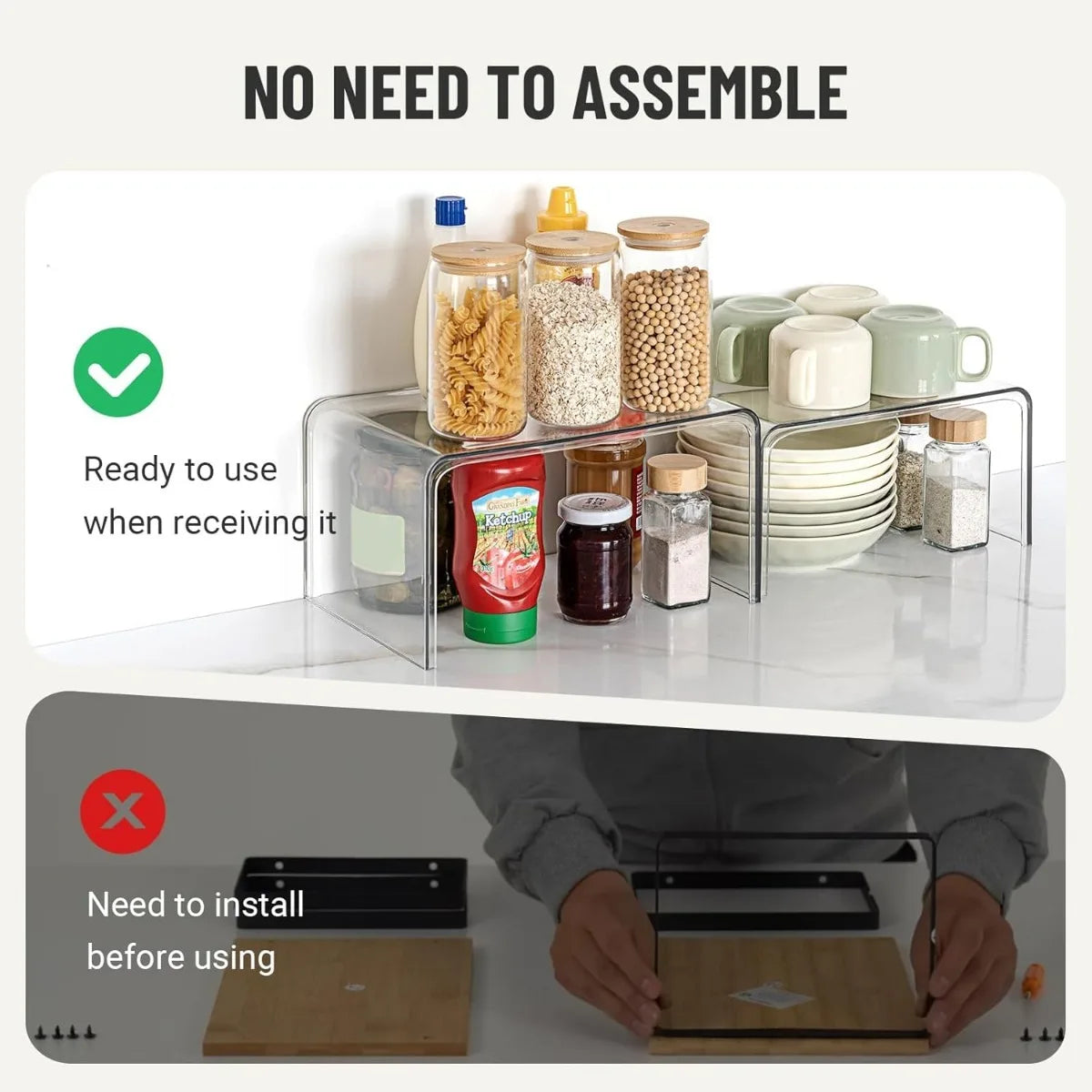 Clear Cabinet Organizer Shelf – Set of 2 Stackable Pantry & Kitchen Countertop Shelves