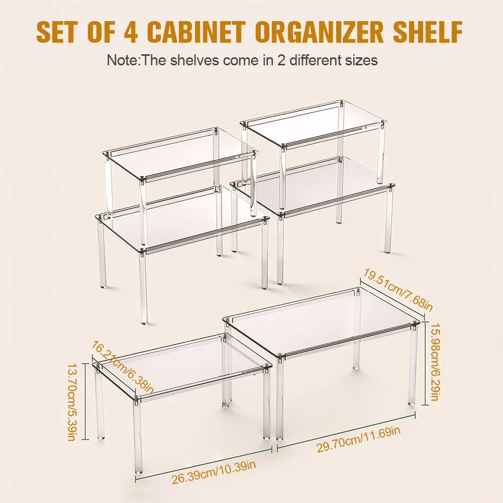 4-Pack Acrylic Cabinet Shelf Risers – Kitchen Counter Organizer Set
