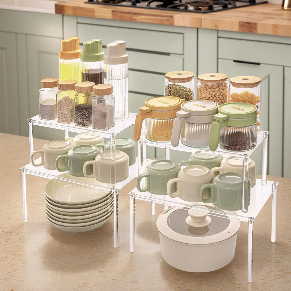 4-Pack Acrylic Cabinet Shelf Risers – Kitchen Counter Organizer Set