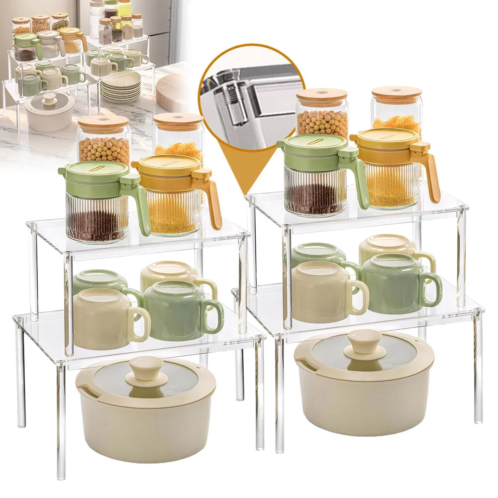 4-Pack Acrylic Cabinet Shelf Risers – Kitchen Counter Organizer Set