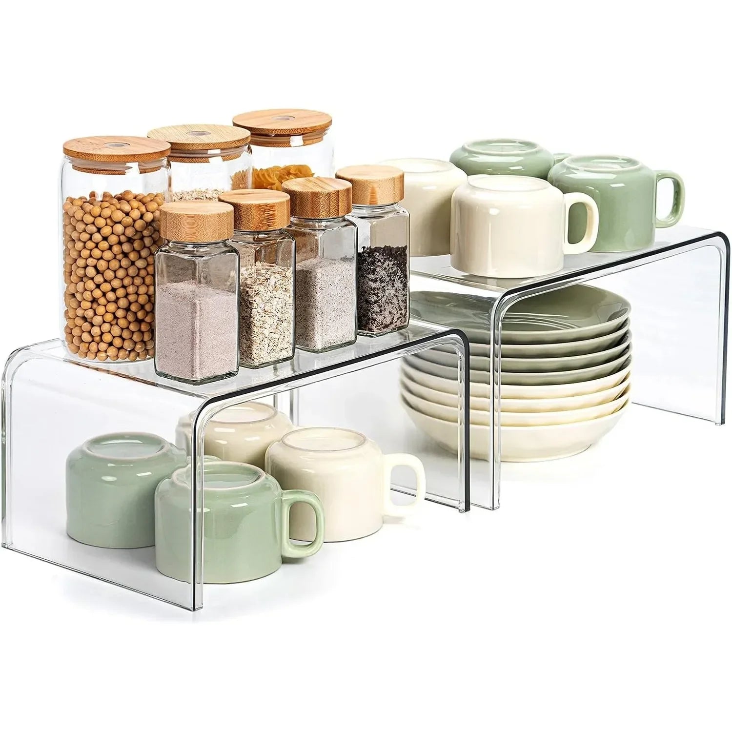 Clear Cabinet Organizer Shelf – Set of 2 Stackable Pantry & Kitchen Countertop Shelves