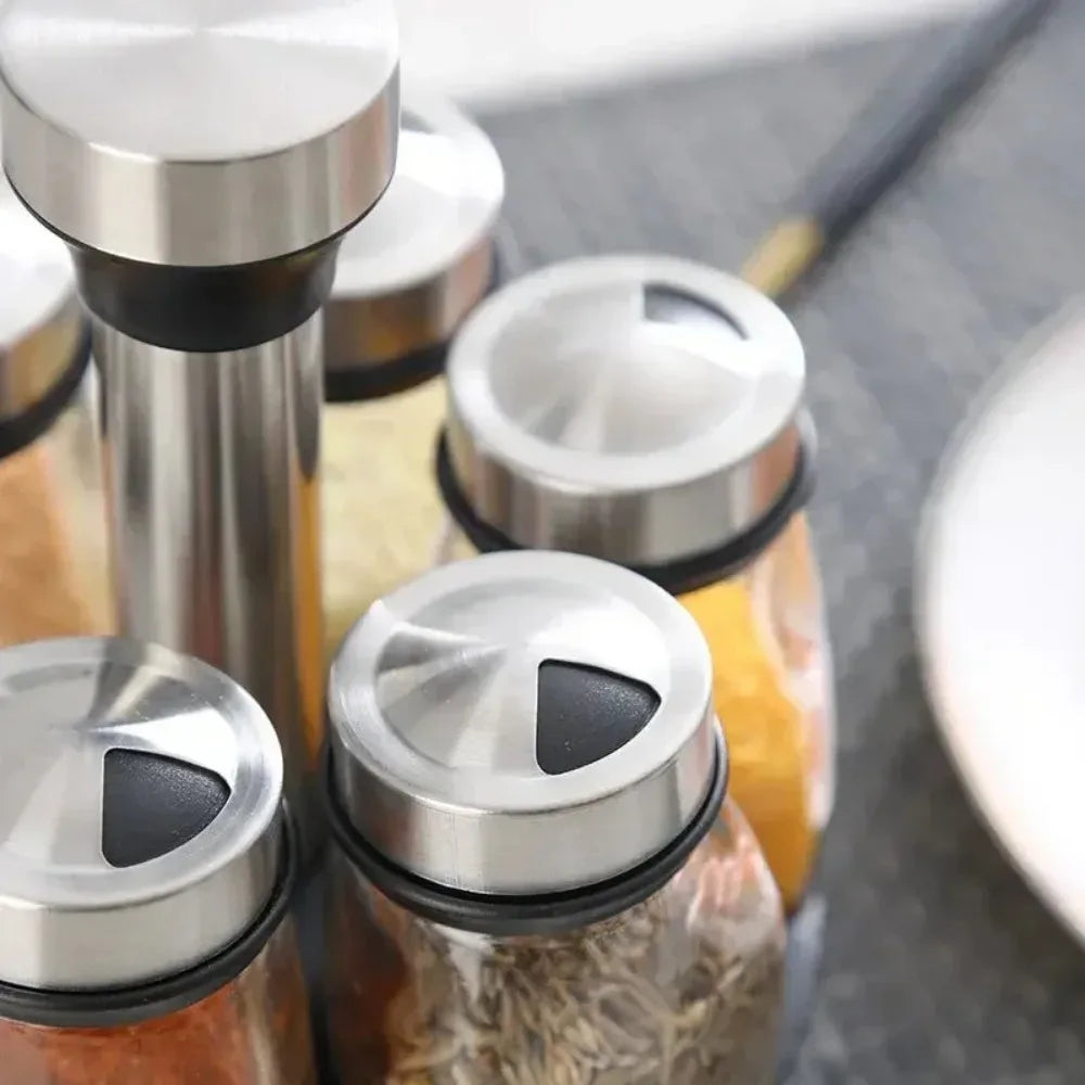 Elegant Kitchen Spice Rack Set – Glass Jars & Rotating Base