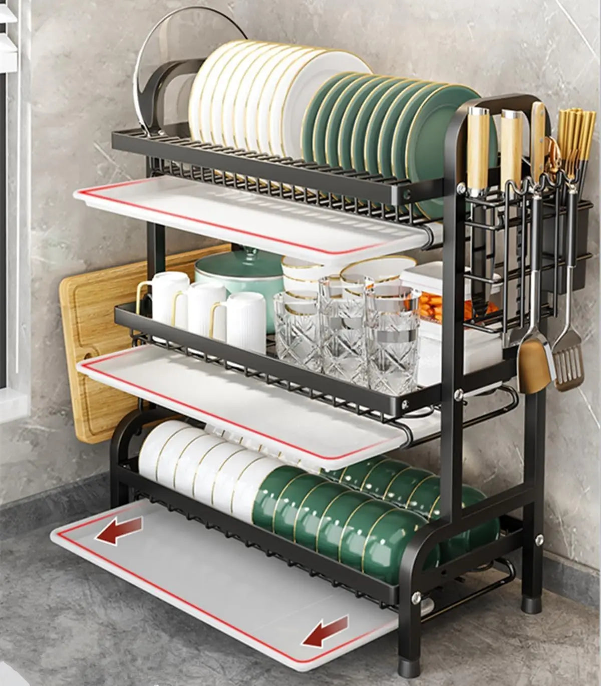 3-Tier Dish Drying Rack with Drainage Tray – Large Countertop Organizer for Bowls, Plates & Utensils | Rustproof Metal Kitchen Rack