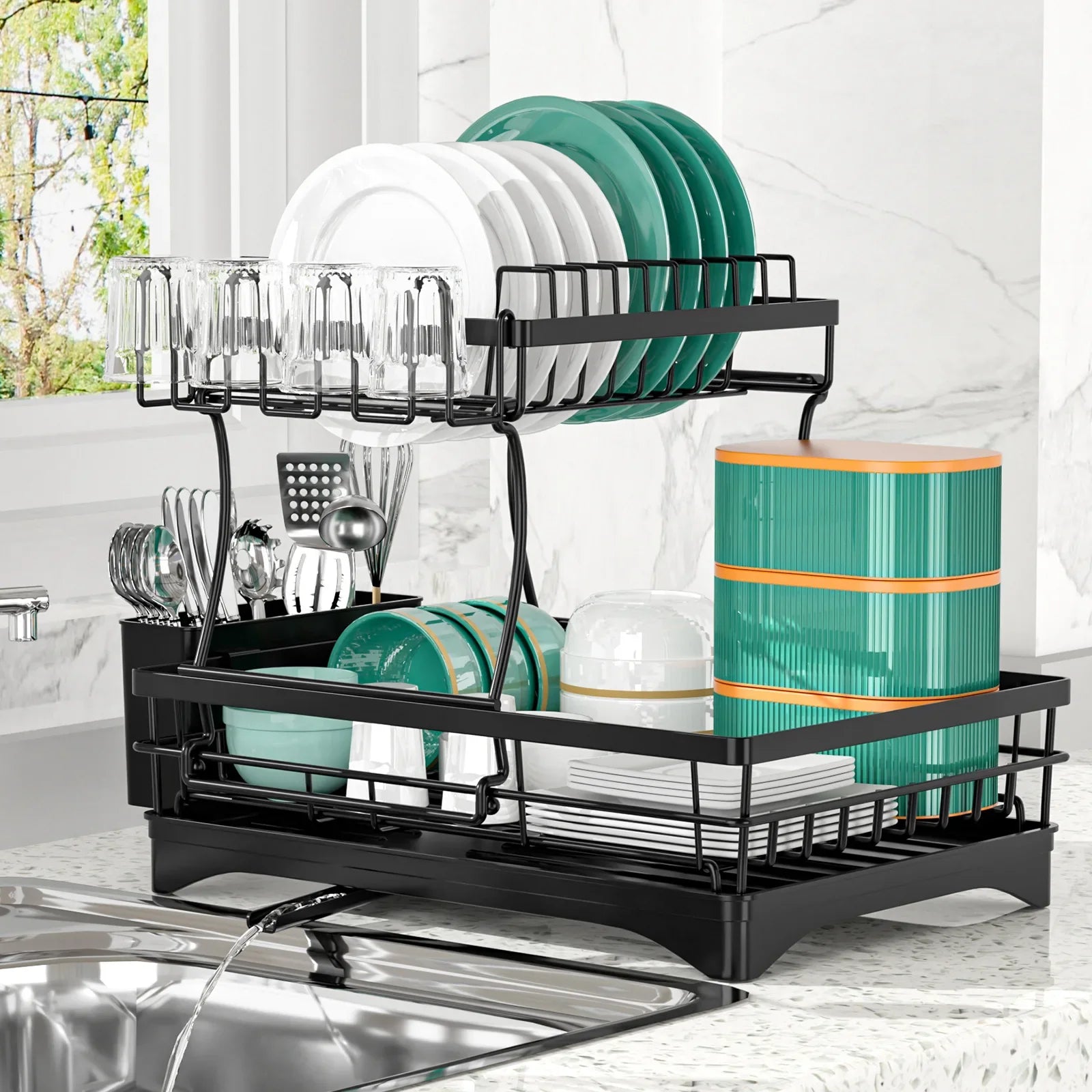 Large Capacity Dish Drying Rack - No Tools, Smart Drain Design