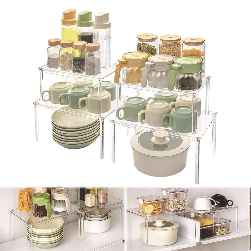 4-Pack Acrylic Cabinet Shelf Risers – Kitchen Counter Organizer Set