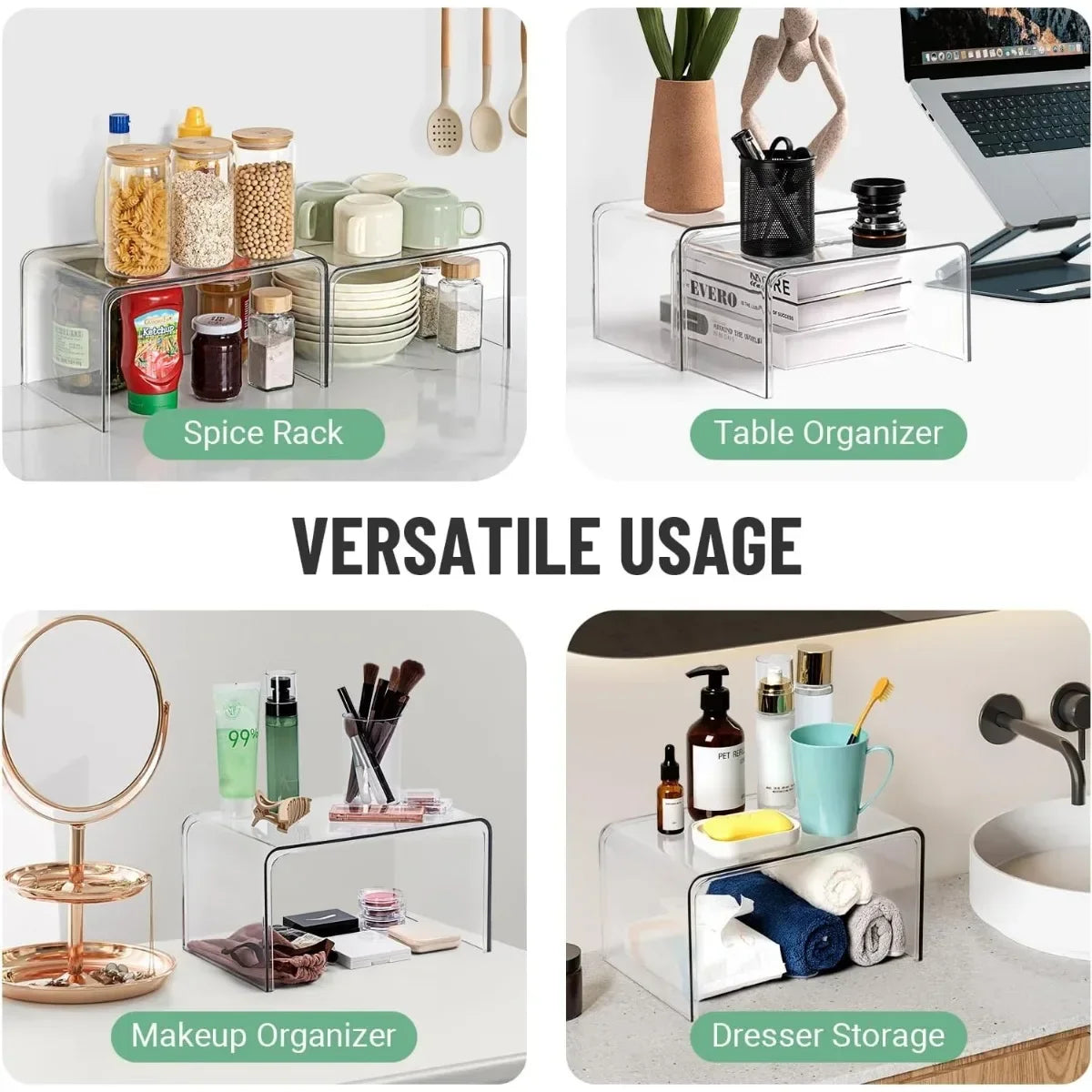 Clear Cabinet Organizer Shelf – Set of 2 Stackable Pantry & Kitchen Countertop Shelves