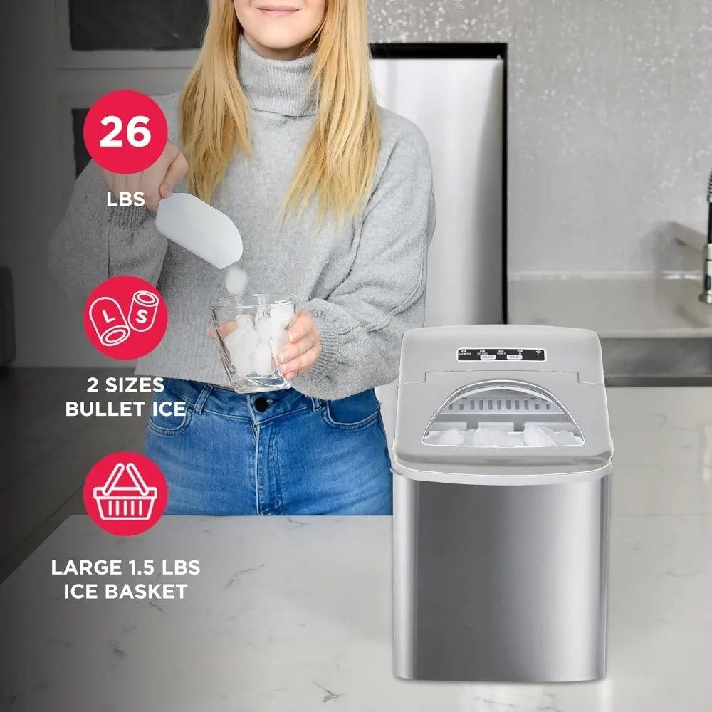 Stainless Steel Ice Maker –  Dual Size Cubes, Easy Controls