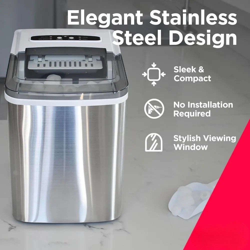 Stainless Steel Ice Maker –  Dual Size Cubes, Easy Controls