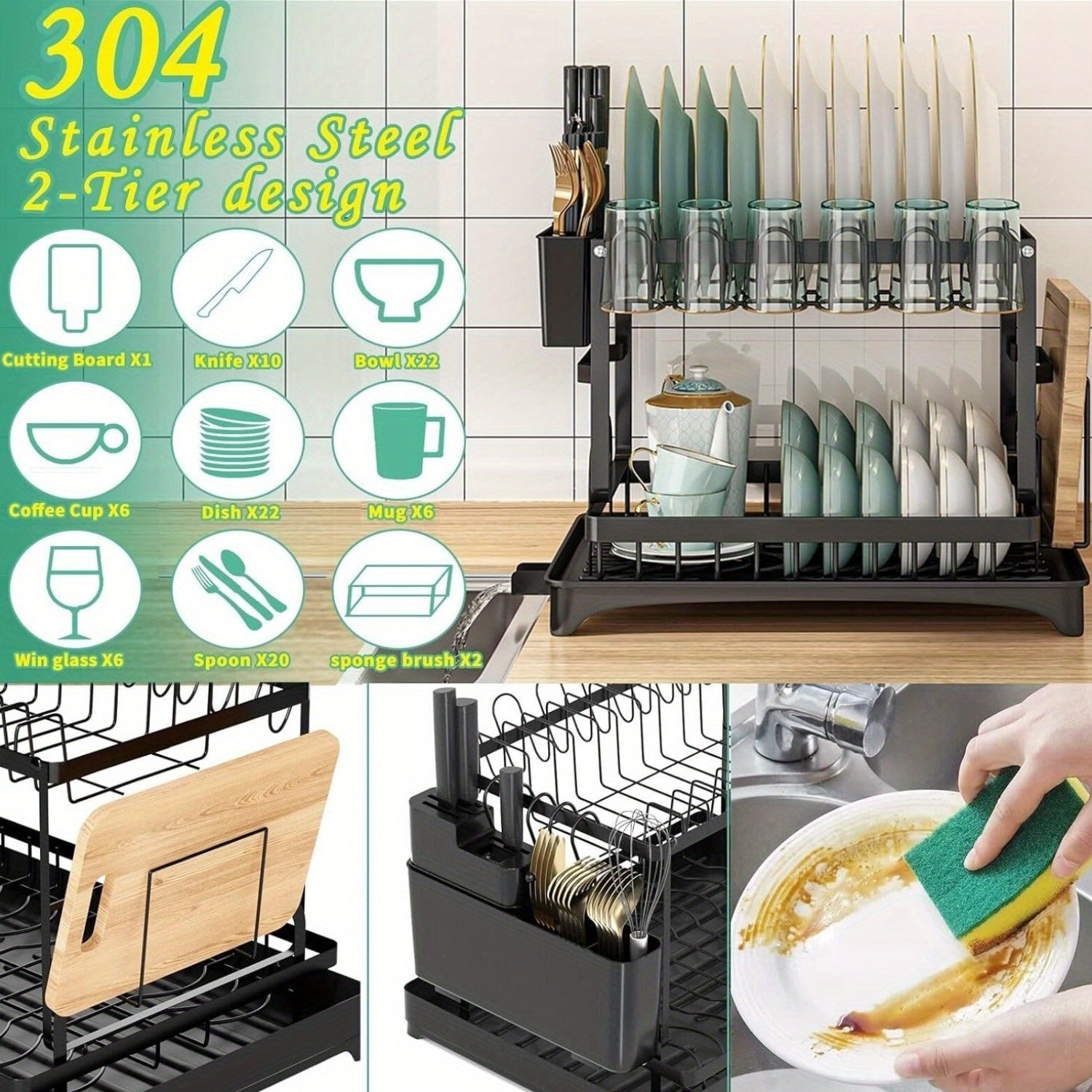 Tableware Dish Drying Rack with Drainboard – Kitchen Organizer