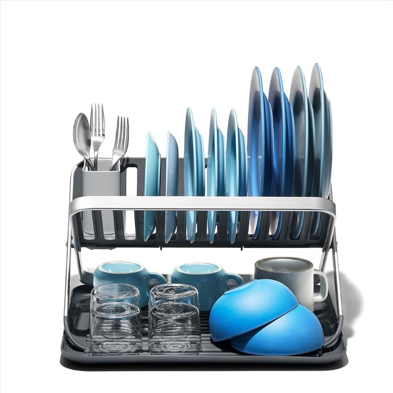 Two Tier Rustproof Aluminum Dish Rack-  with Removable Utensil Holder