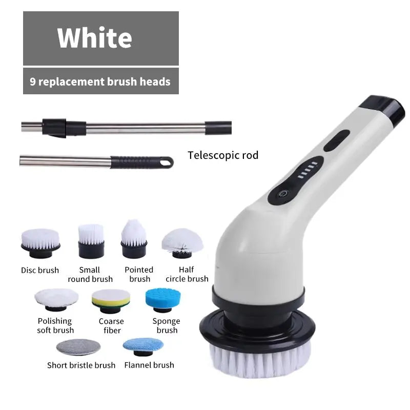 Wireless Electric Rotary Cleaning Brush – 9 Heads, Adjustable Handle