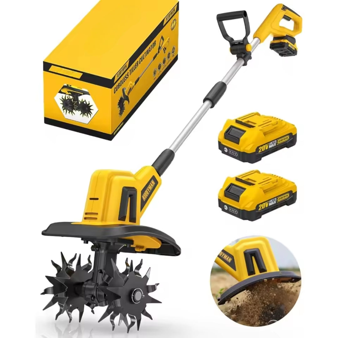 20V Cordless Electric Tiller Cultivator – 360RPM Garden Soil Rototiller with 2×2.0Ah Batteries & Charger, 9" Width × 6.6" Depth