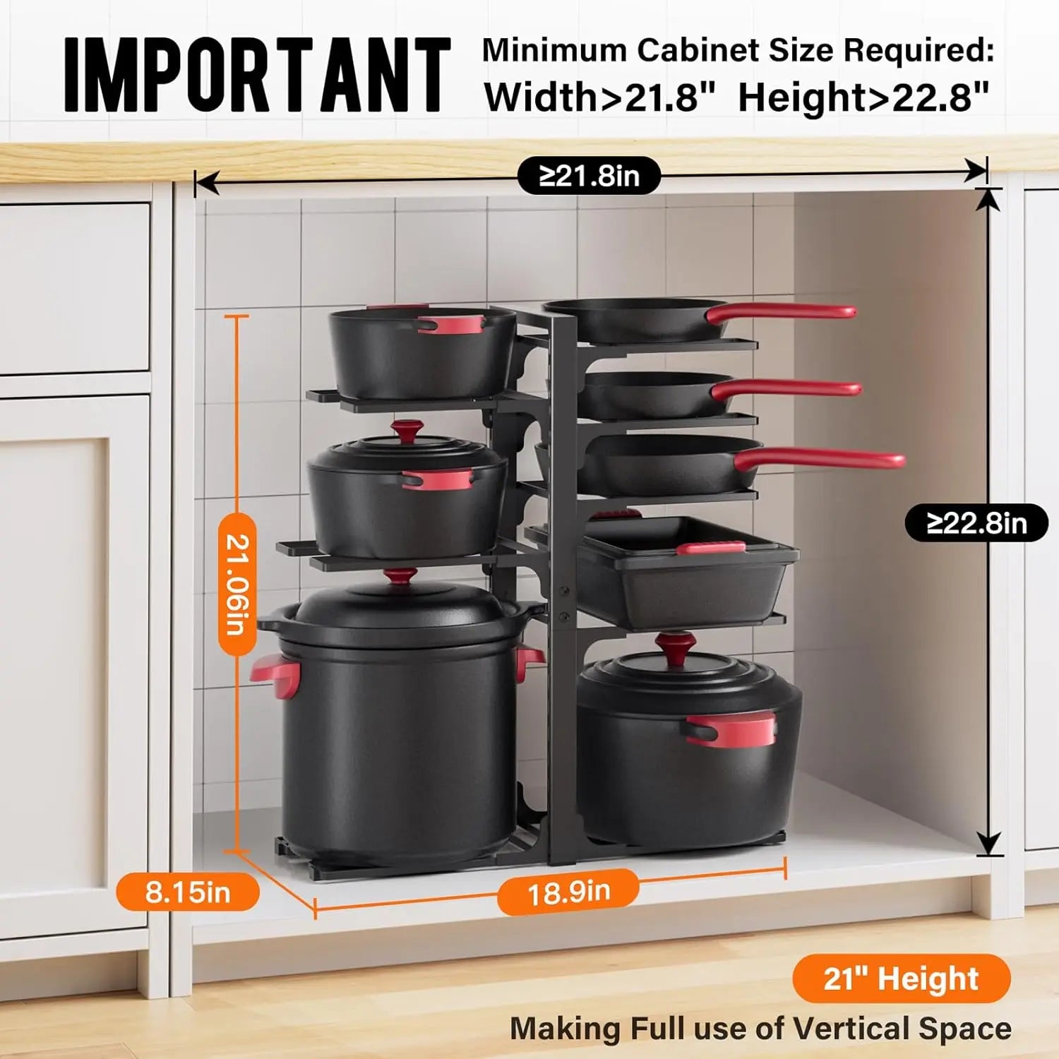 21" Heavy-Duty Pots and Pans Organizer – Adjustable 8-Tier Pan Rack for Cabinet Storage