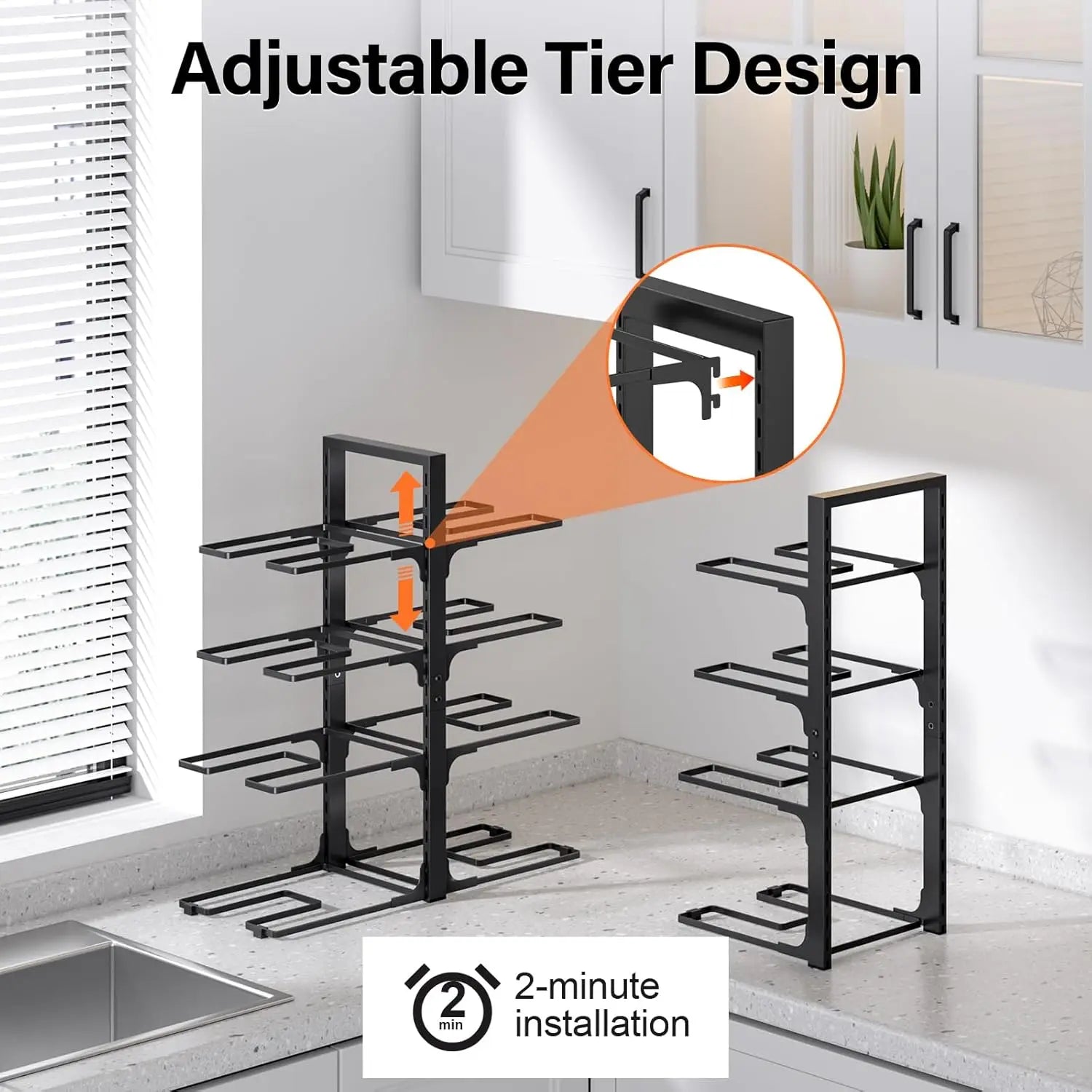 21" Heavy-Duty Pots and Pans Organizer – Adjustable 8-Tier Pan Rack for Cabinet Storage