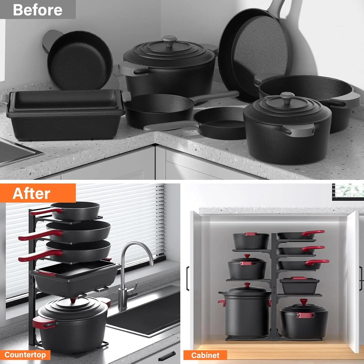 21" Heavy-Duty Pots and Pans Organizer – Adjustable 8-Tier Pan Rack for Cabinet Storage