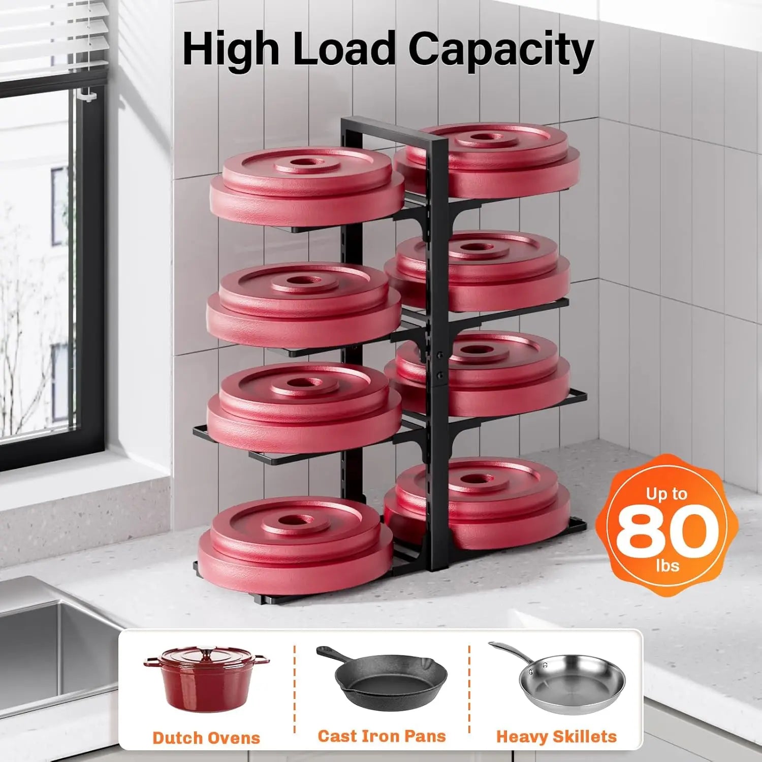 21" Heavy-Duty Pots and Pans Organizer – Adjustable 8-Tier Pan Rack for Cabinet Storage