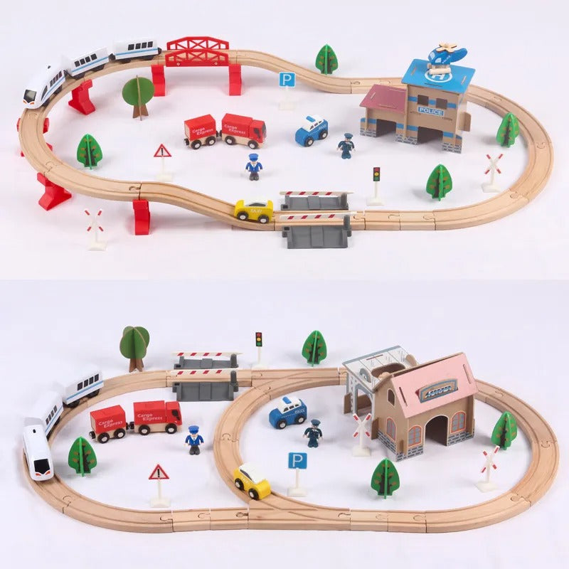 Wooden Train Set with Tracks & Station 88-Pieces – Compatible with Thomas Electric Train for Kids 3+