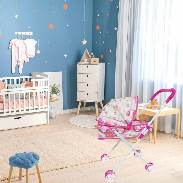 Foldable Doll Pram – Pretend Play Pushchair Toy with Lion Pattern