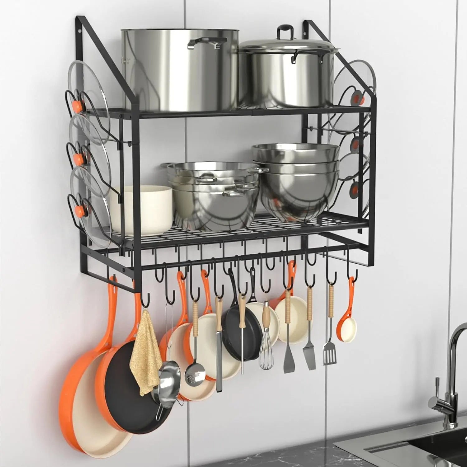 35" Wall Mounted Pot Rack – 2-Tier Hanging Pots and Pans Organizer with 20 Hooks & 6 Lid Holders