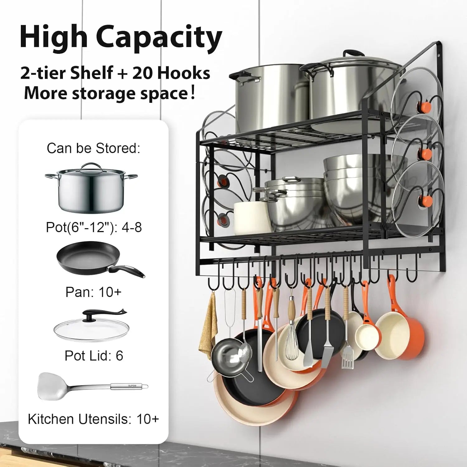 35" Wall Mounted Pot Rack – 2-Tier Hanging Pots and Pans Organizer with 20 Hooks & 6 Lid Holders