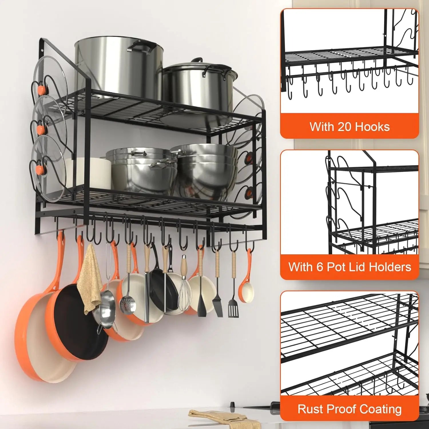 35" Wall Mounted Pot Rack – 2-Tier Hanging Pots and Pans Organizer with 20 Hooks & 6 Lid Holders