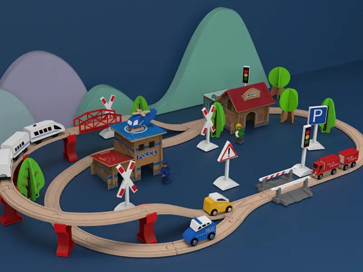 Wooden Train Set with Tracks & Station 88-Pieces – Compatible with Thomas Electric Train for Kids 3+