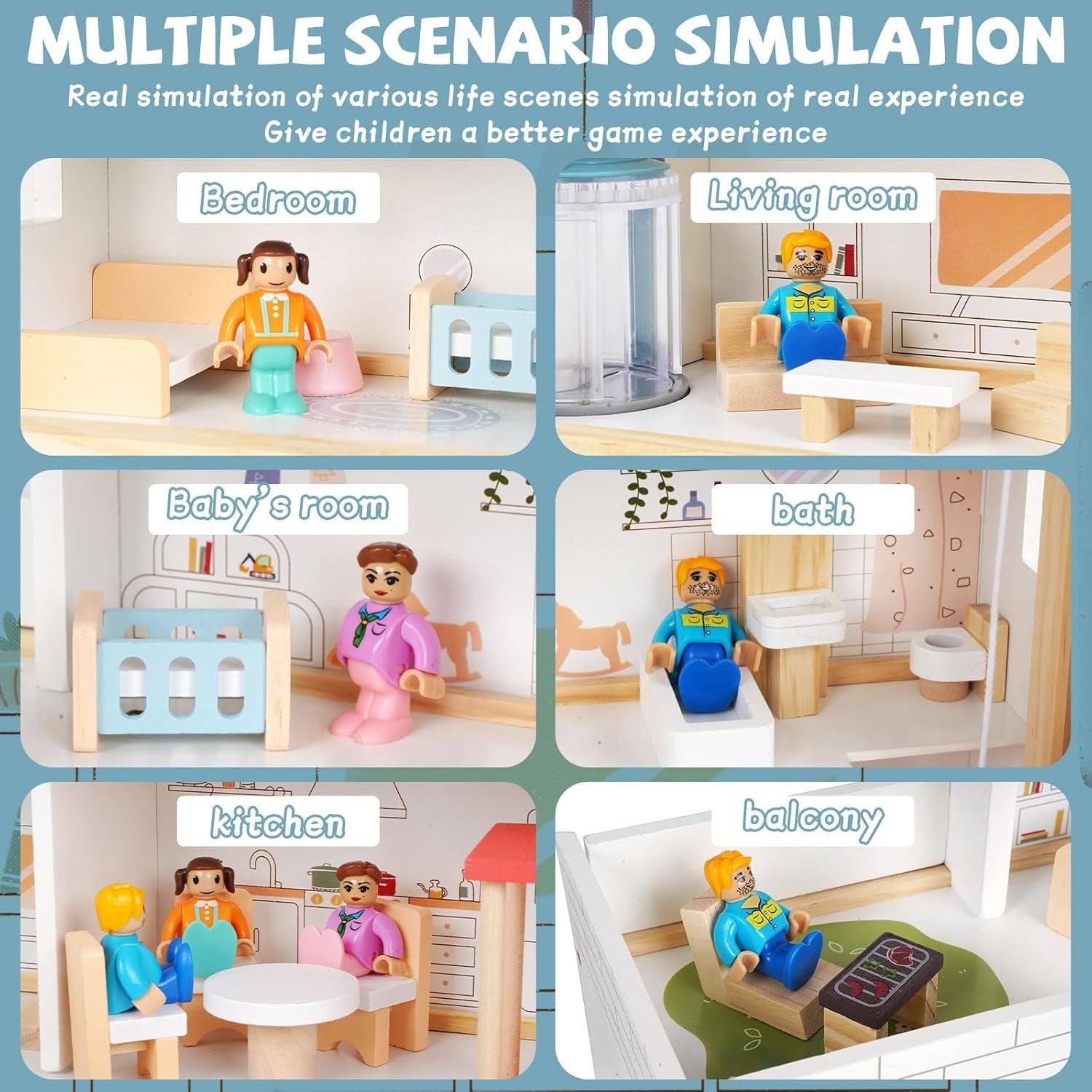 Wooden Dollhouse Villa – 3-Story Dream House with Elevator Balcony Furniture & 3 Dolls