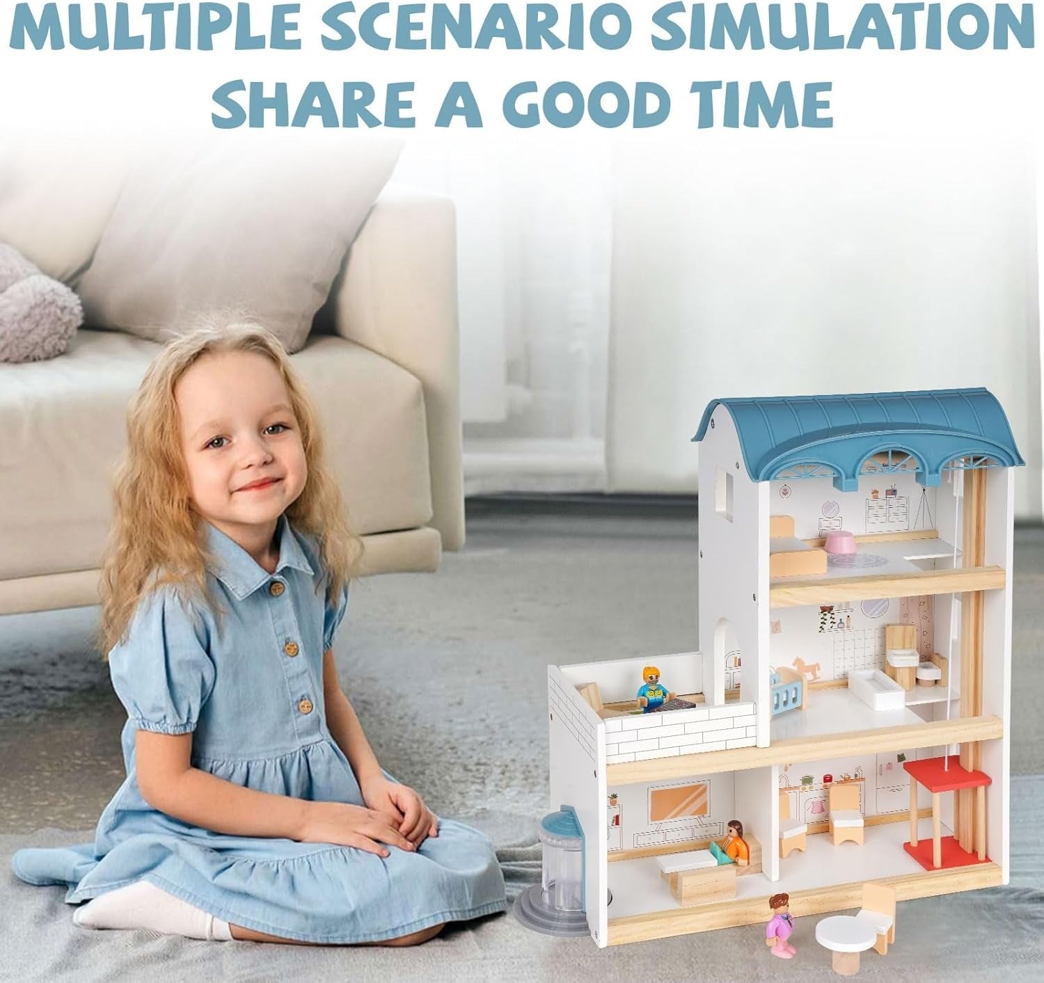 Wooden Dollhouse Villa – 3-Story Dream House with Elevator Balcony Furniture & 3 Dolls