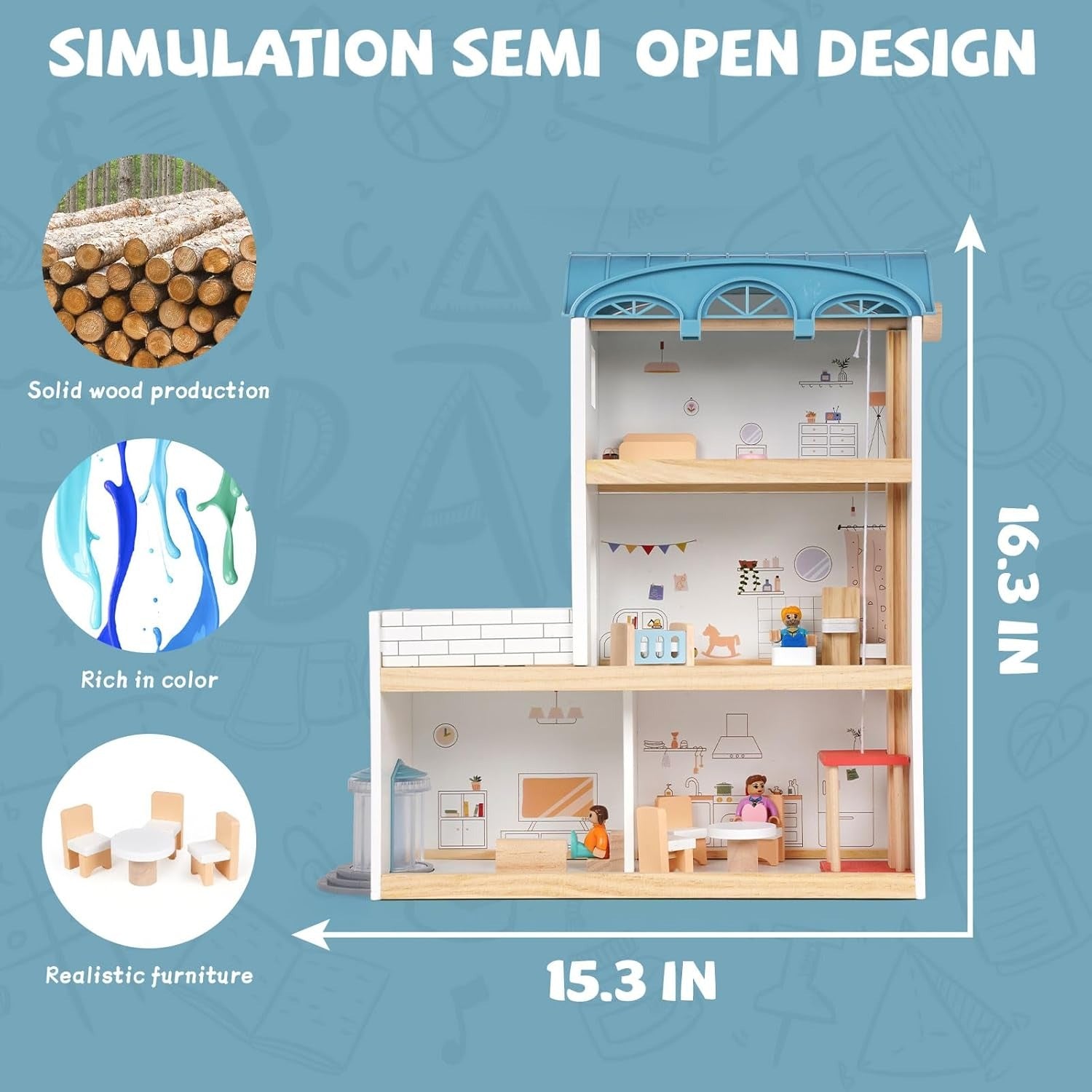 Wooden Dollhouse Villa – 3-Story Dream House with Elevator Balcony Furniture & 3 Dolls
