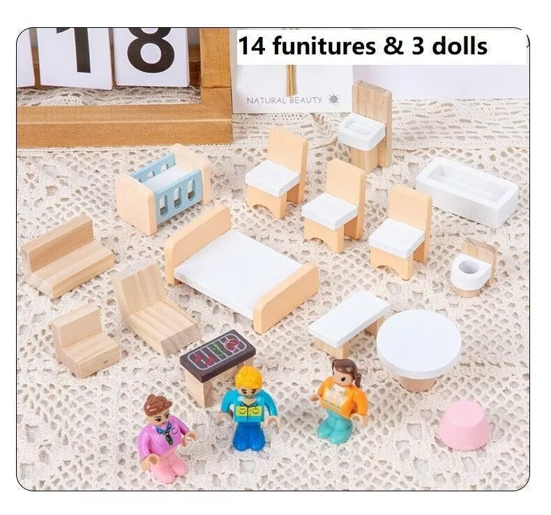Wooden Dollhouse Villa – 3-Story Dream House with Elevator Balcony Furniture & 3 Dolls