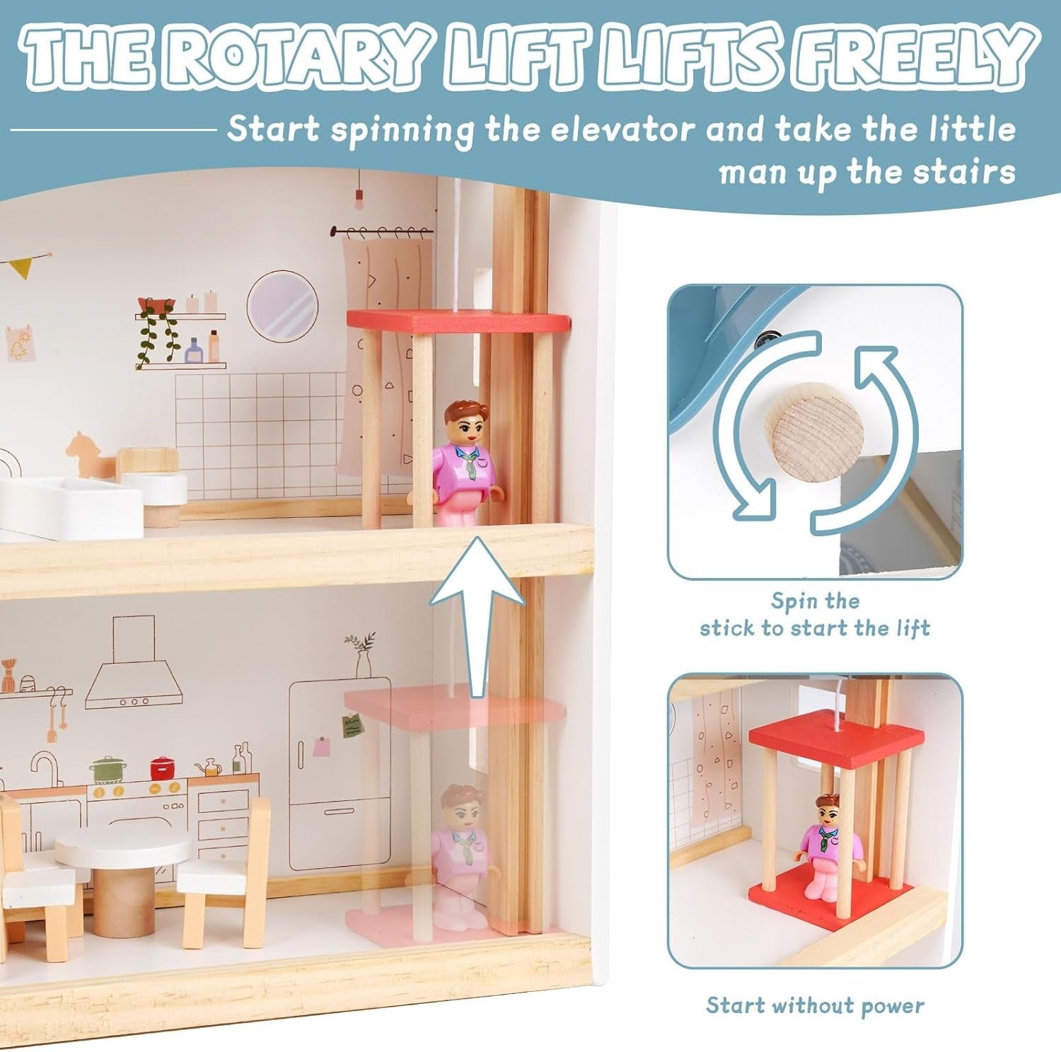 Wooden Dollhouse Villa – 3-Story Dream House with Elevator Balcony Furniture & 3 Dolls