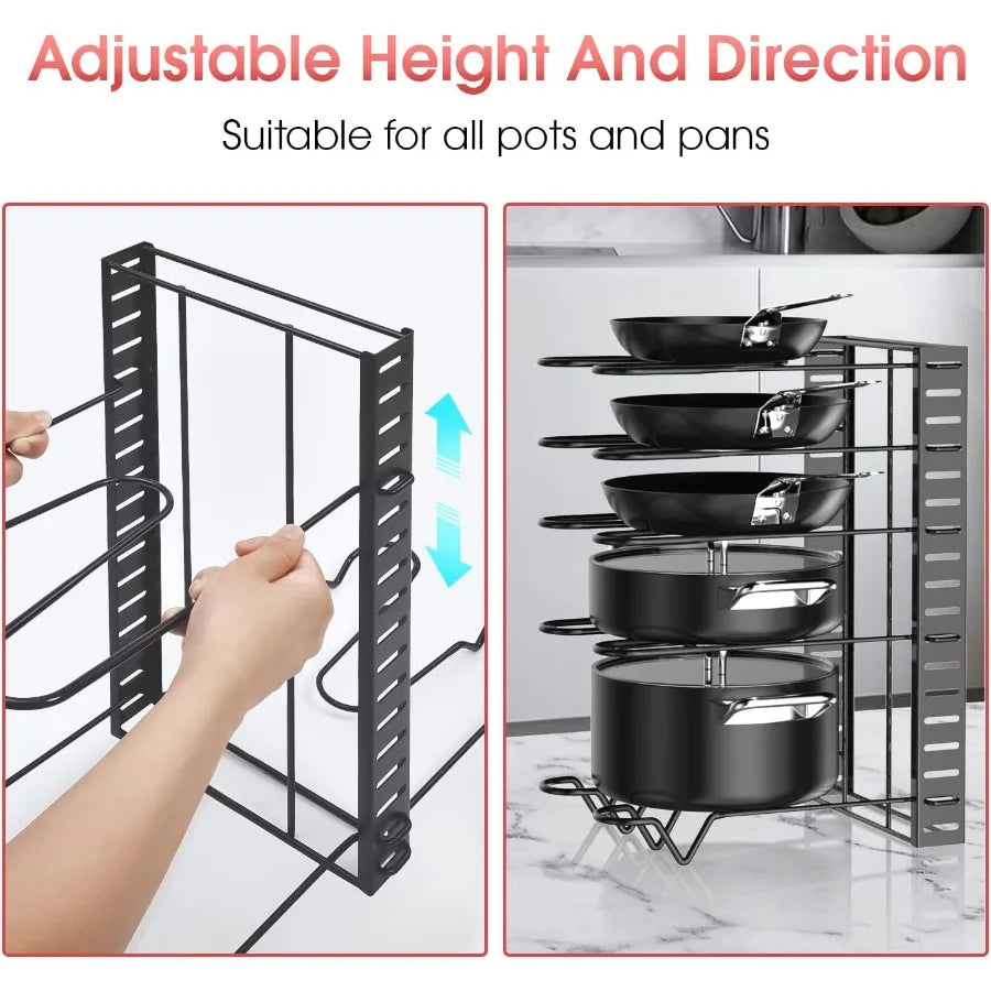 8-Tier Pot and Pan Organizer Rack – Adjustable Cookware Stand with Pot Lid Holders