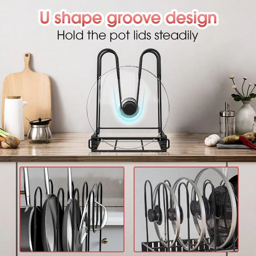 8-Tier Pot and Pan Organizer Rack – Adjustable Cookware Stand with Pot Lid Holders