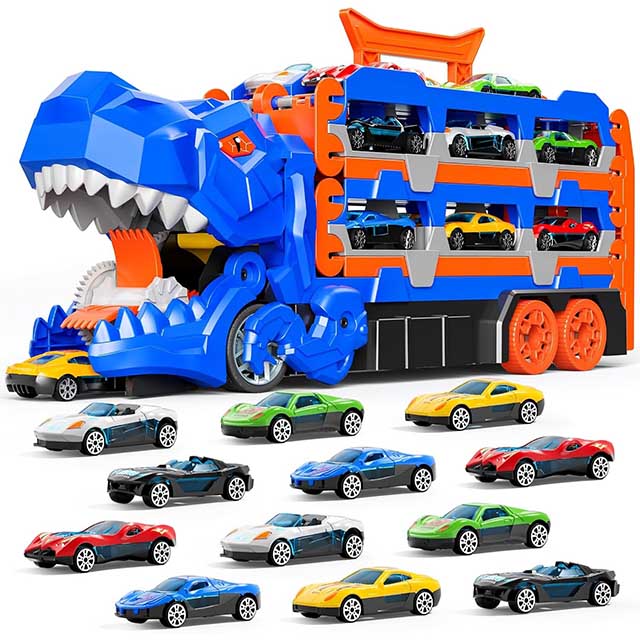 Dinosaur Race Track Toy – 59" Transport Truck with 12 Die-cast Cars