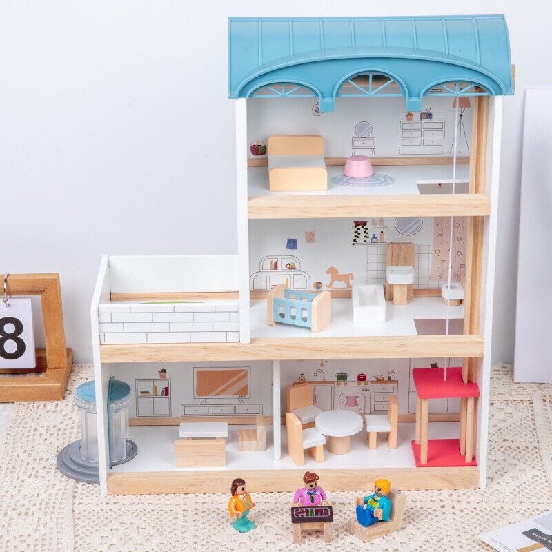 Wooden Dollhouse Villa – 3-Story Dream House with Elevator Balcony Furniture & 3 Dolls