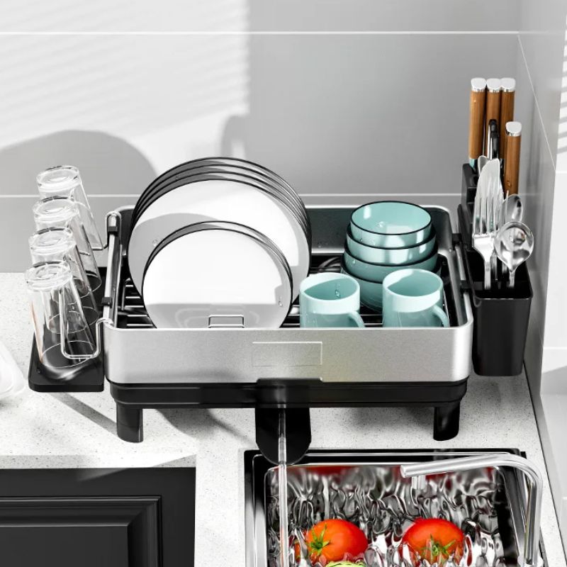Compact Space Saving Dish Rack - with Flatware Caddy & Self Draining Tray