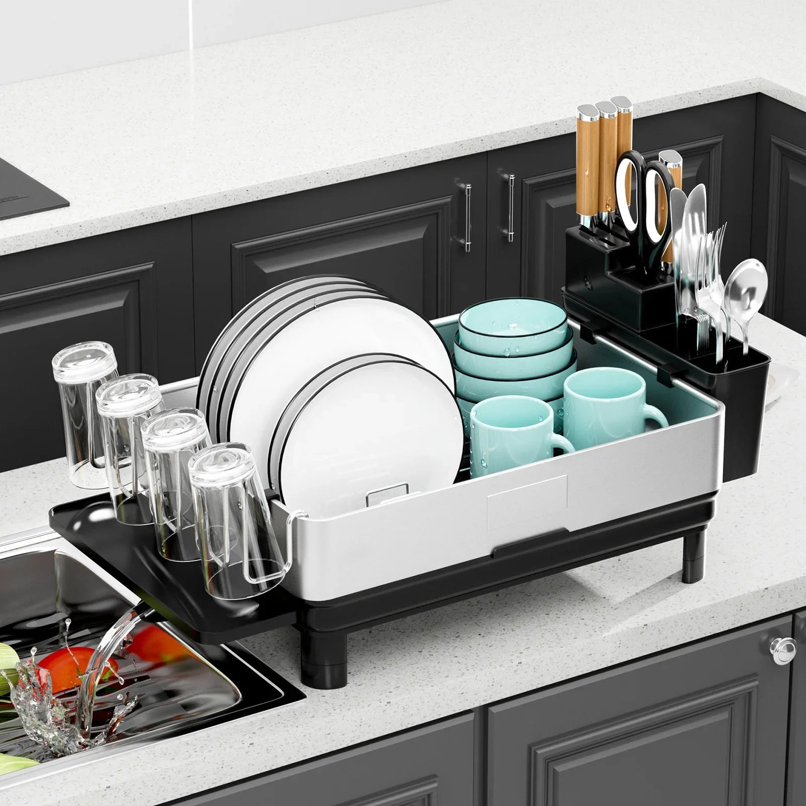Compact Space Saving Dish Rack - with Flatware Caddy & Self Draining Tray