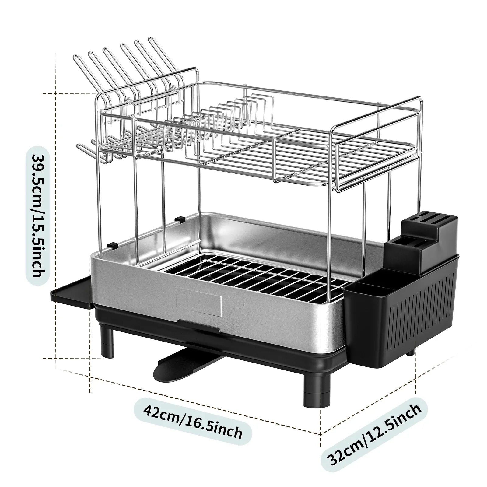 Compact Space Saving Dish Rack - with Flatware Caddy & Self Draining Tray