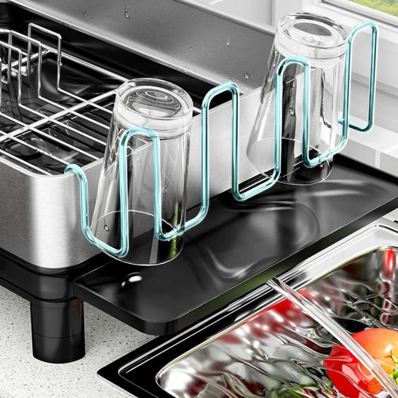 Compact Space Saving Dish Rack - with Flatware Caddy & Self Draining Tray