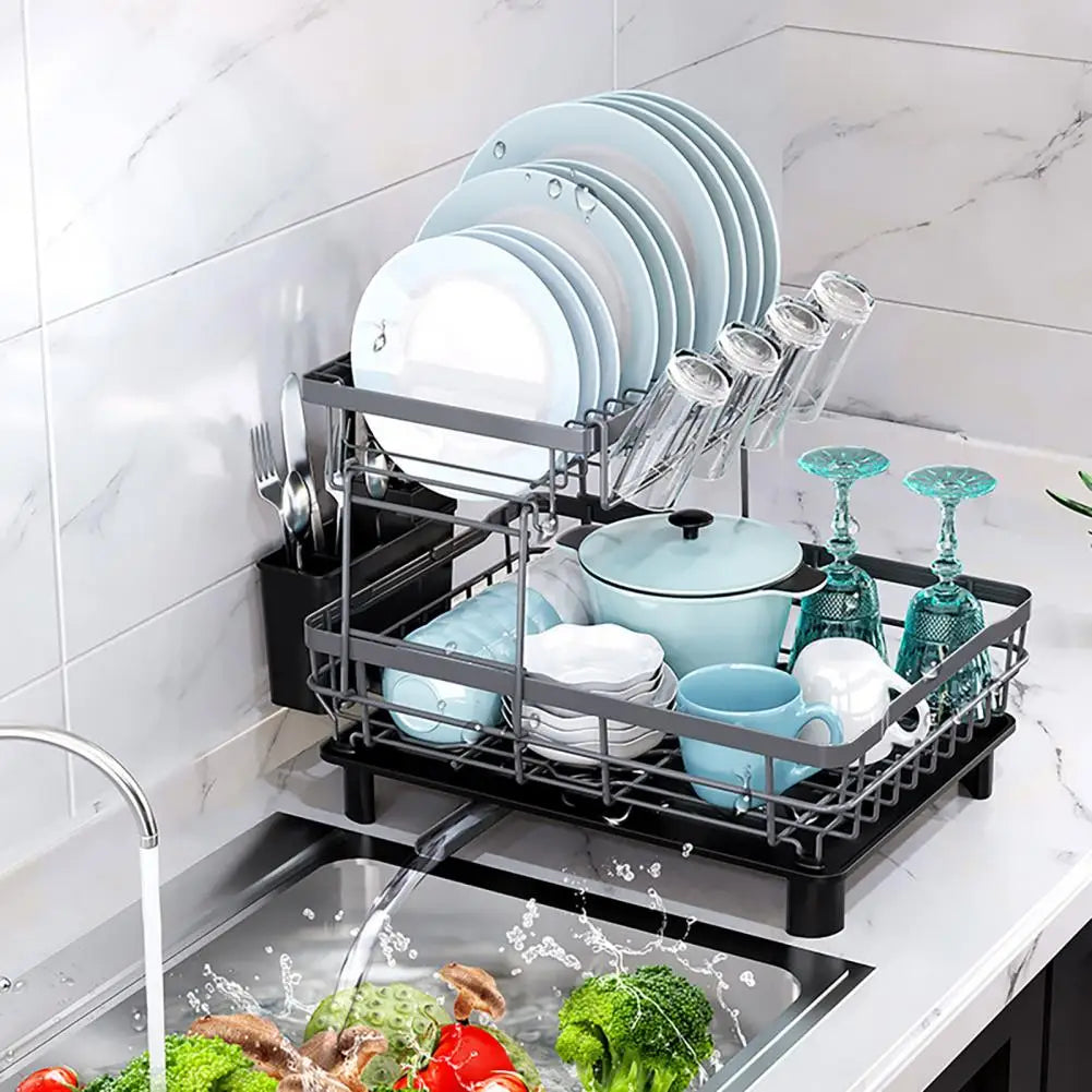 Dish Drying Rack with Drainboard - Large Capacity Double-Layer Anti-Rust