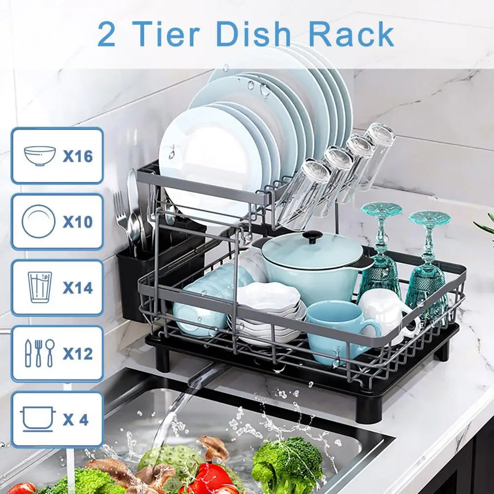 Dish Drying Rack with Drainboard - Large Capacity Double-Layer Anti-Rust