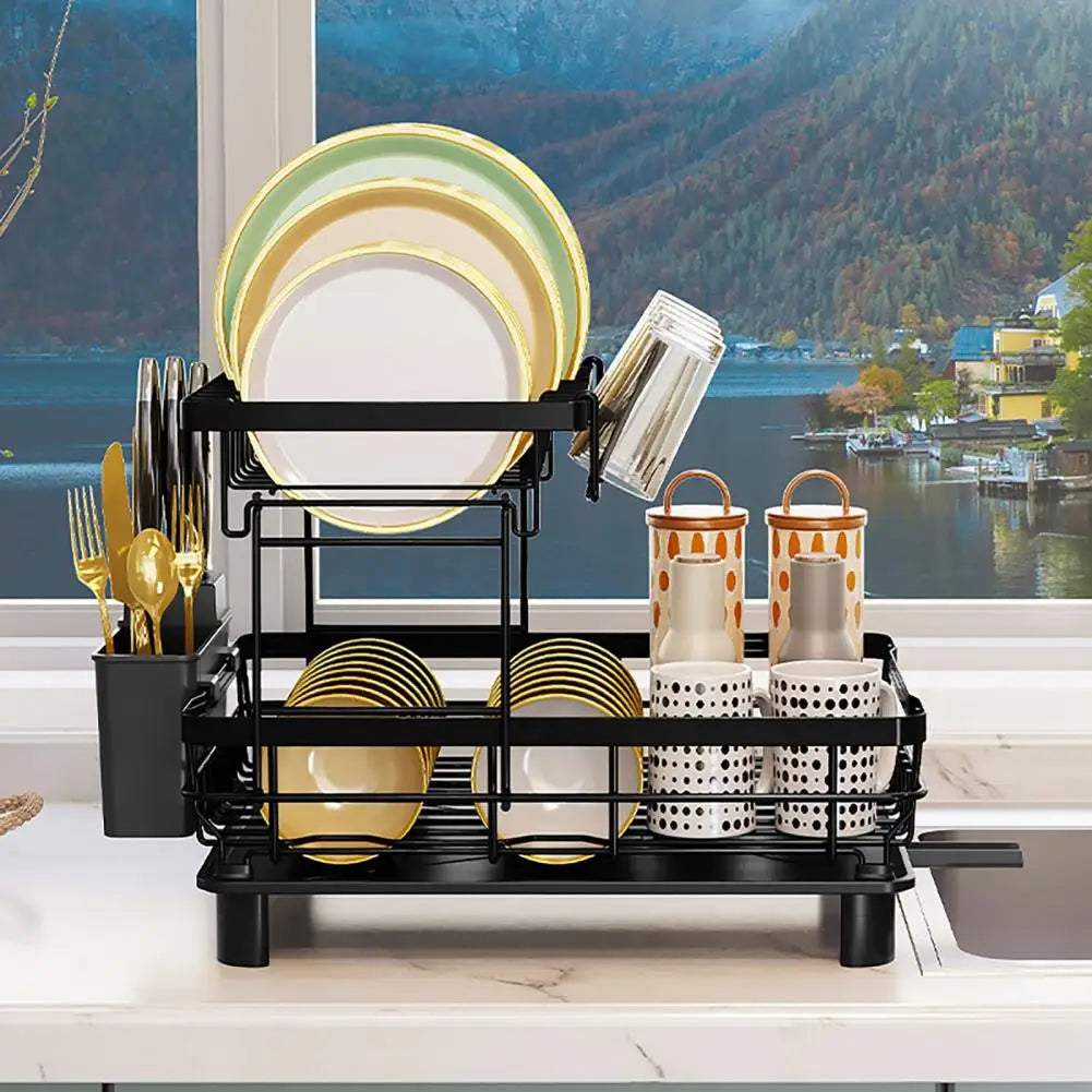 Dish Drying Rack with Drainboard - Large Capacity Double-Layer Anti-Rust