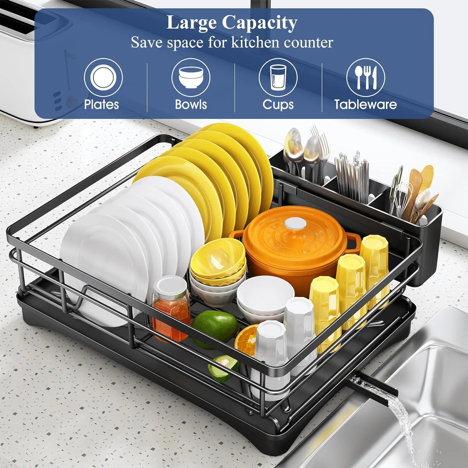 Large Dish Drying Rack with Drainboard – Rustproof Kitchen Dish Drainer & Utensil Holder