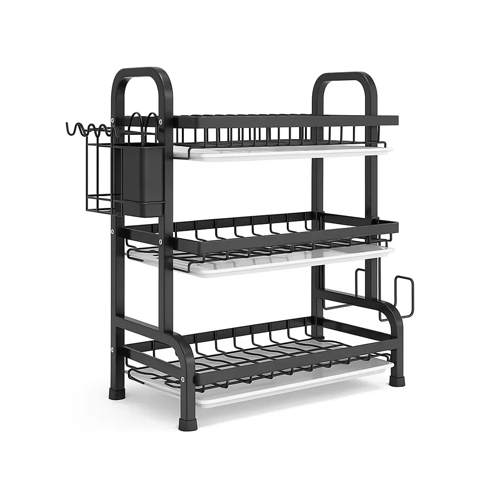 3-Tier Dish Drying Rack with Drainage Tray – Large Countertop Organizer for Bowls, Plates & Utensils | Rustproof Metal Kitchen Rack