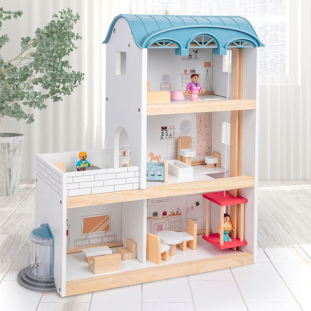 Wooden Dollhouse Villa – 3-Story Dream House with Elevator Balcony Furniture & 3 Dolls