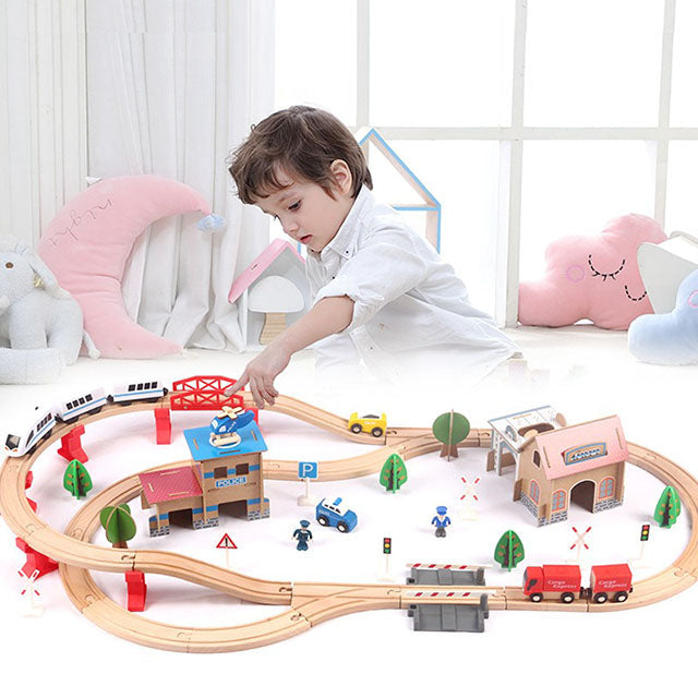 Wooden Train Set with Tracks & Station 88-Pieces – Compatible with Thomas Electric Train for Kids 3+
