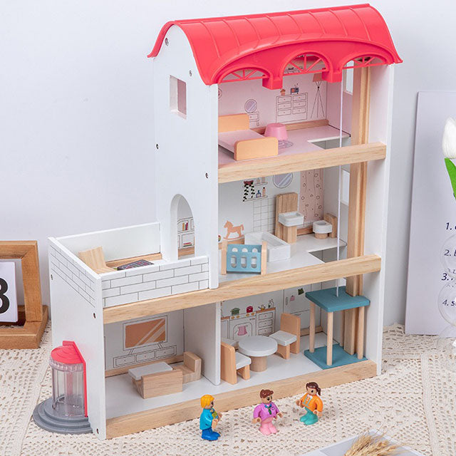 Wooden Dollhouse Villa – 3-Story Dream House with Elevator Balcony Furniture & 3 Dolls