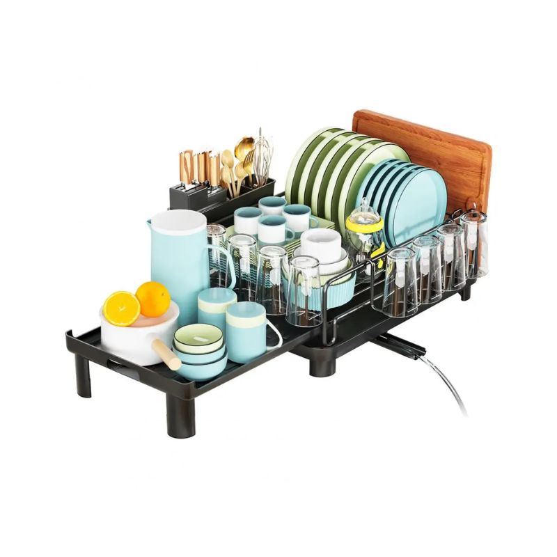 Retractable Double Layer Dish Drying Rack - with Drainboard & Cutlery Box
